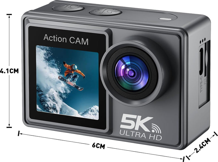 Action Cam 5K/4K 60FPS, 50MP Unterwasserkamera 30M wasserdichte Action Kamera mit 64GB SD Karte, EIS