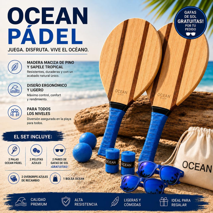 Ocean Pádel Premium-Set aus Holz-Strandschlägern, 2 Frescobol-/Beach-Tennis-Schläger mit 2 Bällen, T