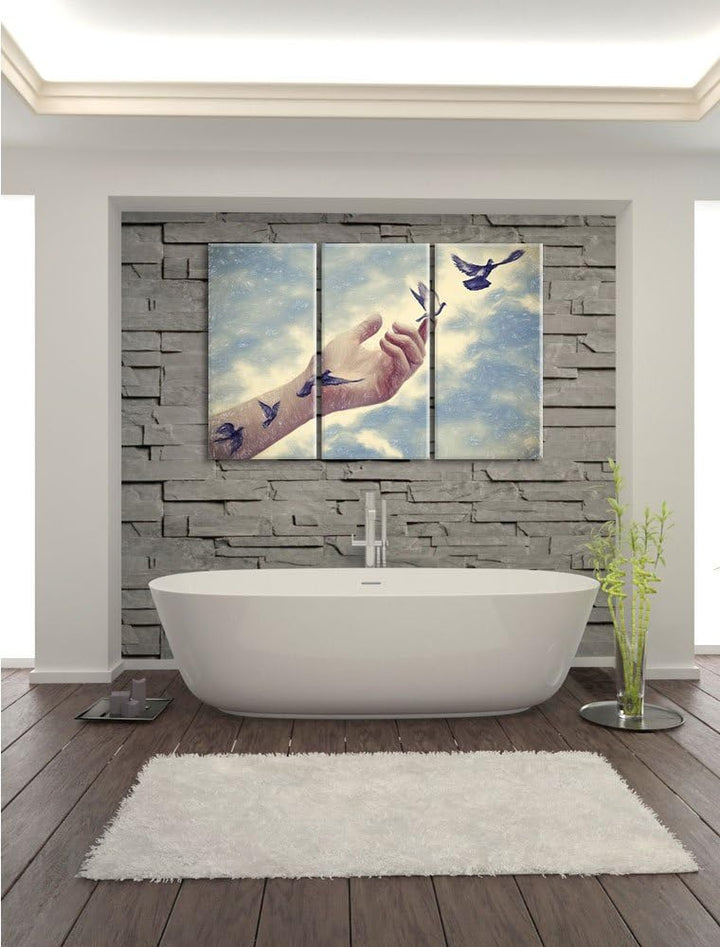 Pixxprint Vögel fliegen in die Freiheit/Format: 3-Teiler (120x80cm) cm/Leinwandbild fertig bespannt