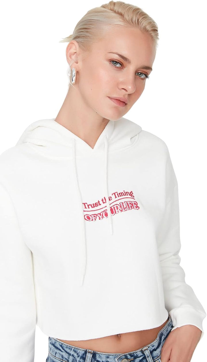 TRENDYOL Damen Hood with Slogan Schnitt Sweatshirt S Ecru, S Ecru