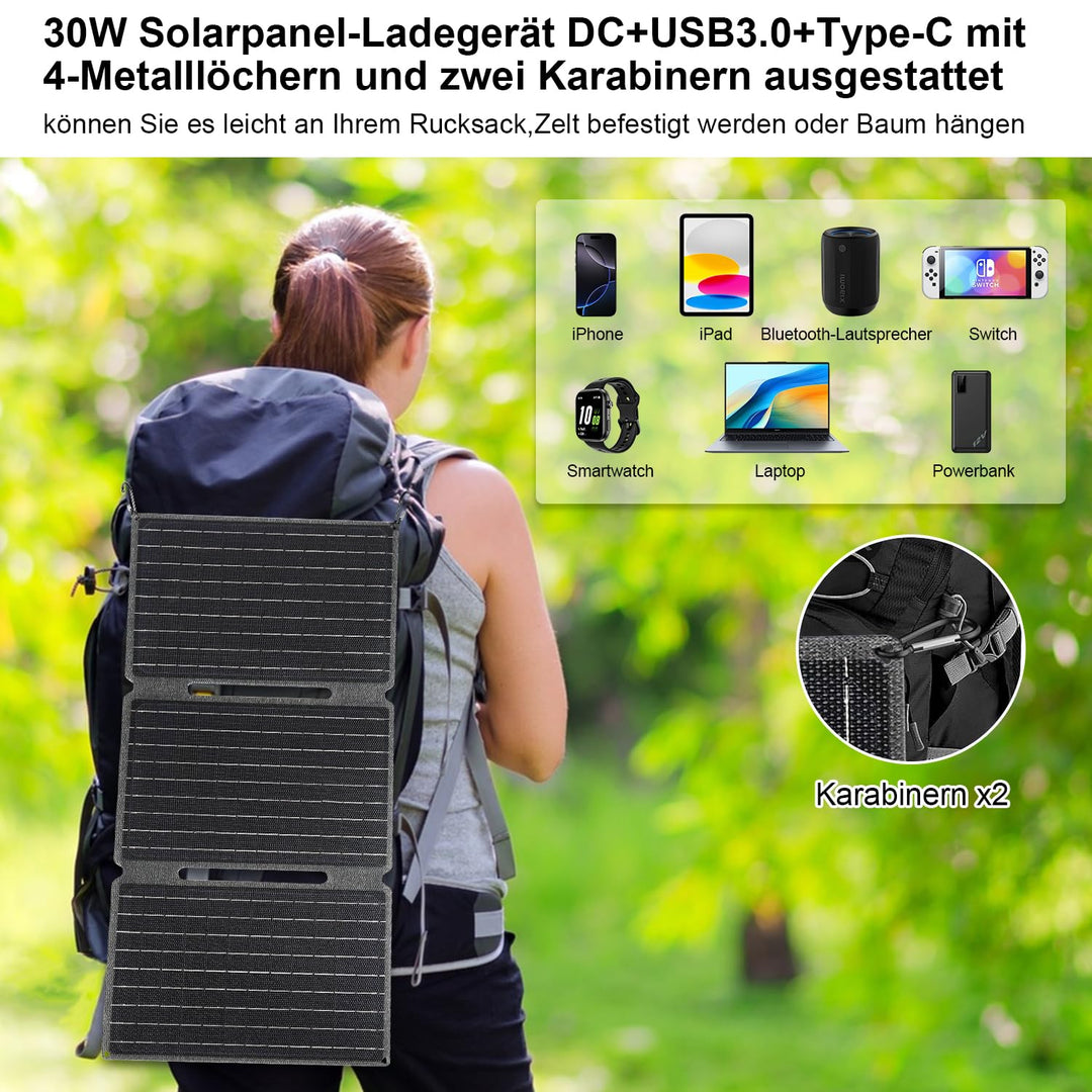 【Solar Ladegerät 30W 18V Kit】 KWODE 30W Solarpanel Faltbar Camping Tragbares, ETFE IP67 Faltbares So