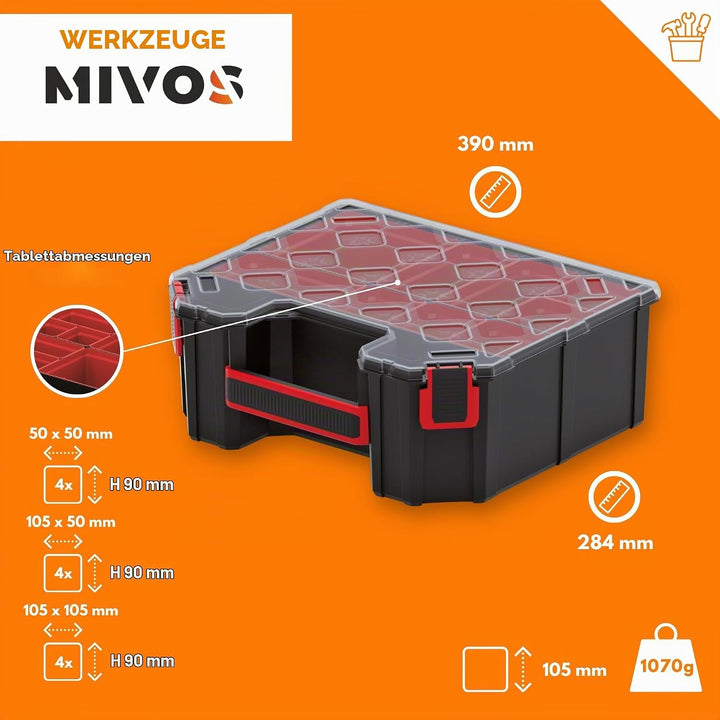 Mivos Sortimentskasten 390x284x60 mm - Sortierkasten Kleinteile mit 12 Einsatzboxen - Zubehörbox - S