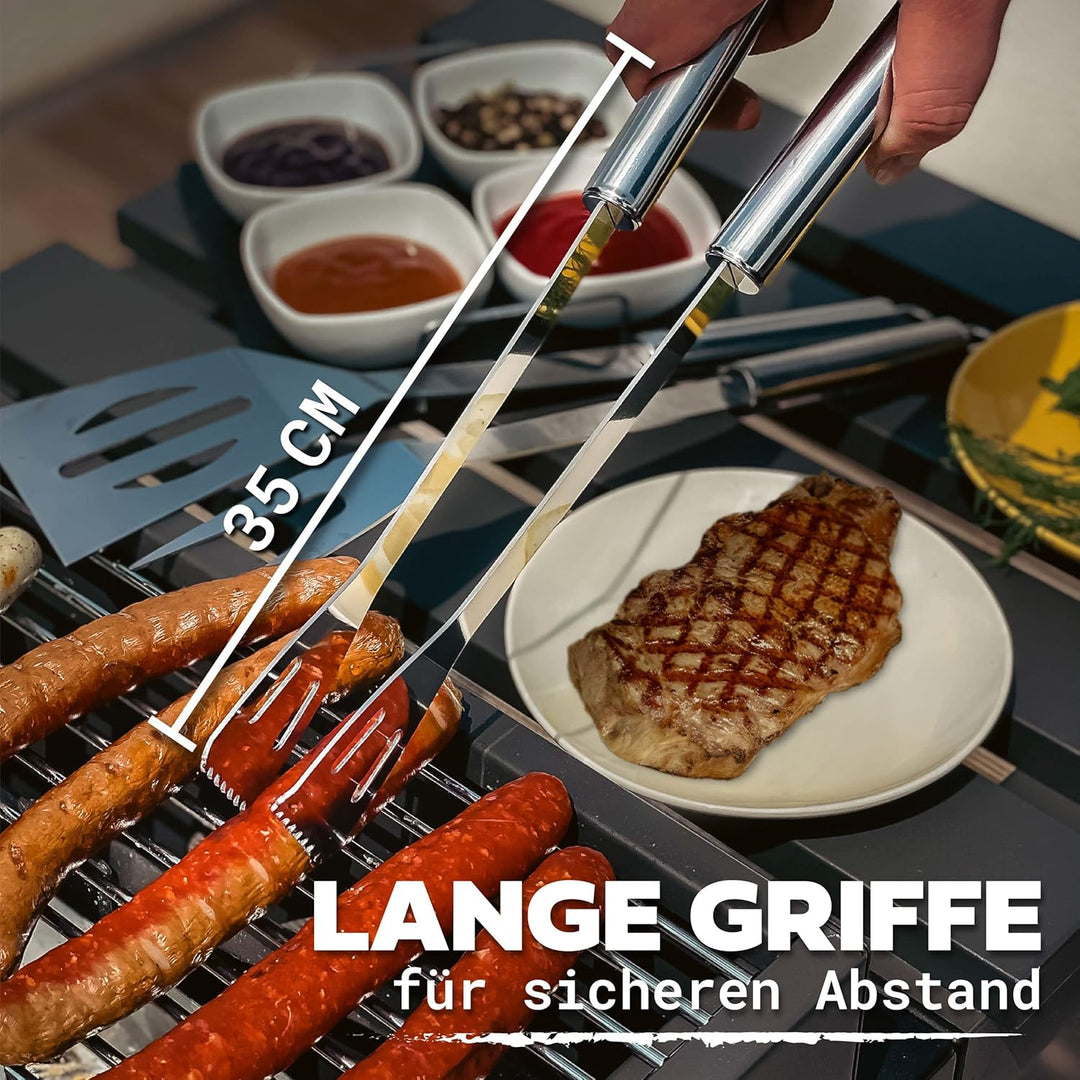 Praknu 𝗘𝘀𝘀𝗲𝗻𝘁𝗶𝗲𝗹𝗹𝗲𝘀 Grillbesteck Set aus Edelstahl - Hitzebeständig &amp; Rostfrei inkl. praktischer Tra