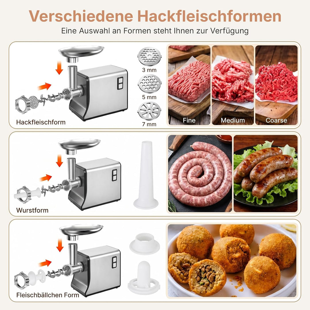 Fleischwolf Elektrisch, 3 in 1 Hocheffizienter Fleischwolf für Hausgebrauch mit Wurstfüllrohren und