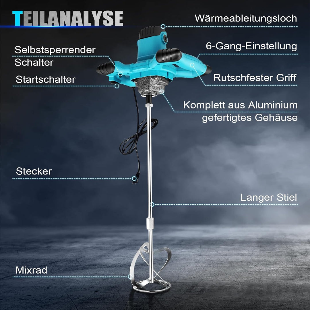 Mörtelrührer 1800W Profi Rührwerk, Farbrührer, Betonmischer mit 6-Stufen Drehzahlregelung (0-1500 U/