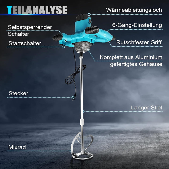 Mörtelrührer 1800W Profi Rührwerk, Farbrührer, Betonmischer mit 6-Stufen Drehzahlregelung (0-1500 U/