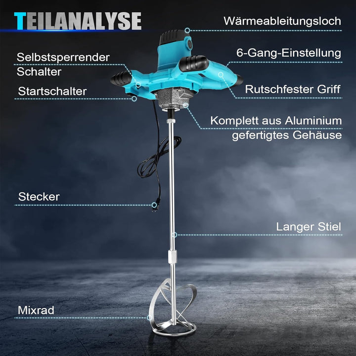 Mörtelrührer 2100W, Rührwerk Mörtelrührer, Betonmischer Farbrührer, with 6 Speed Drehzahlelektronik,