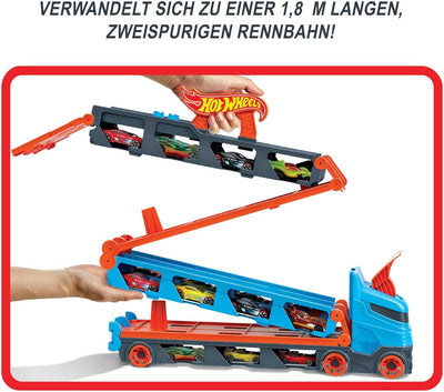 Hot Wheels - 2:1 Autorennbahn zu Transporter, inkl. 3 Spielzeugautos, mit Doppelstarter, Auslösefunk