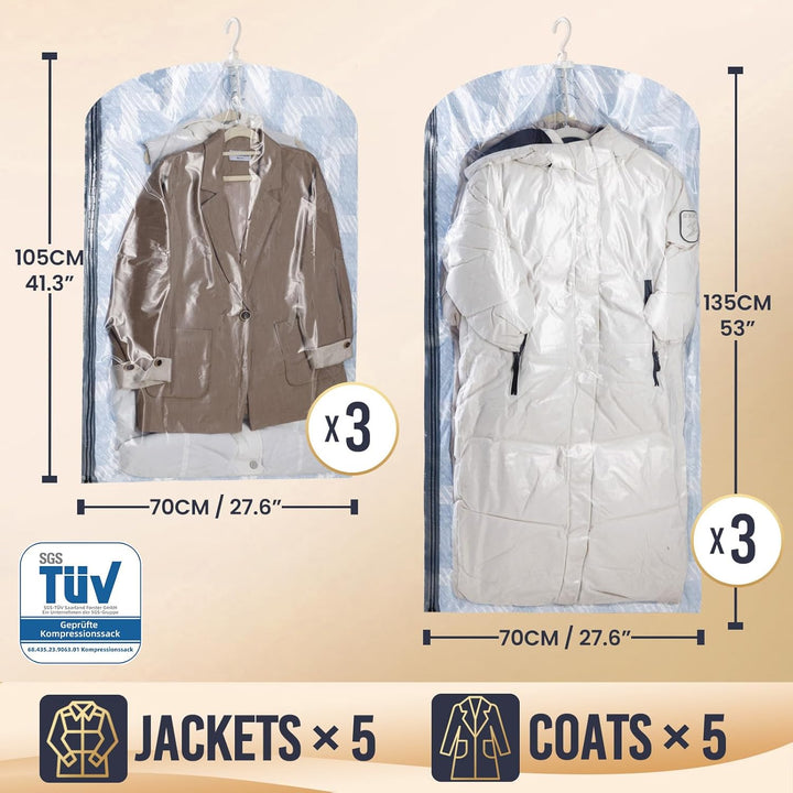TAILI Hängende Vakuumbeutel für Kleidung, 6 Packungen (3 Lange 135x70cm & 3 Kurze 105x70cm), Vakuumi