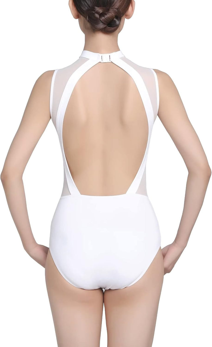 s.lemon Nackennetz Rückenfrei Gymnastik Trikots Ballett Tanz Trikots für Damen,mit BH Pad M Weiss, M