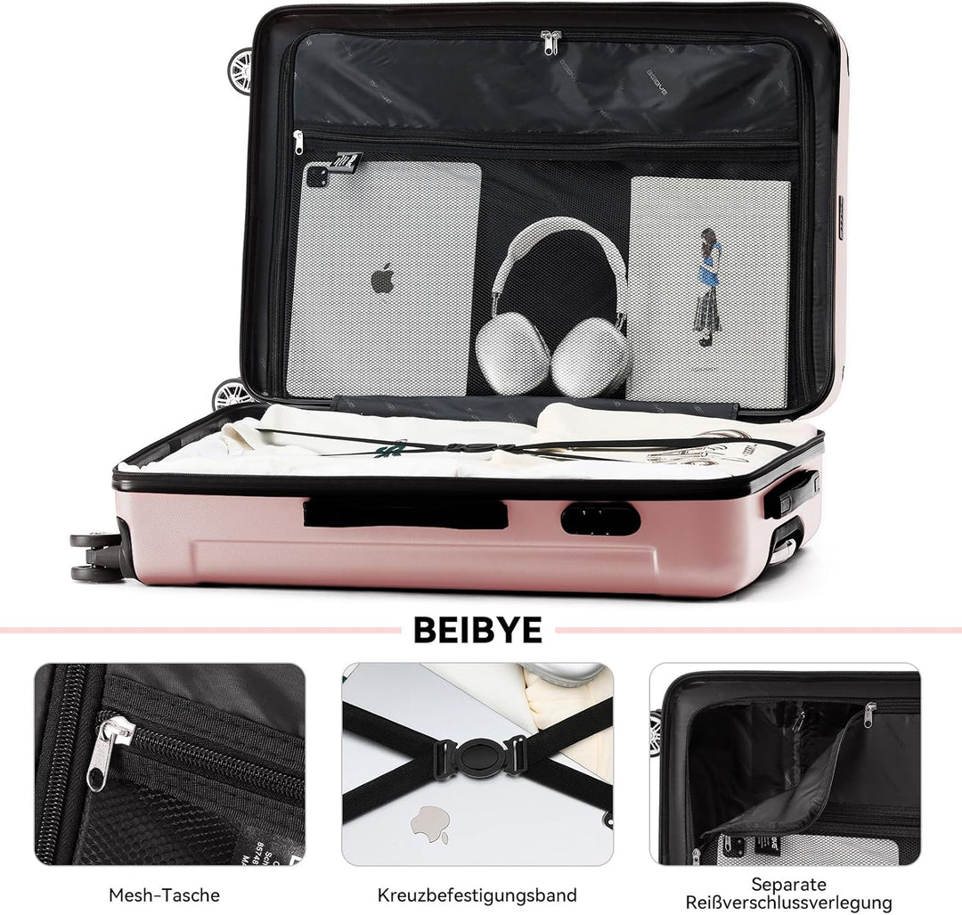 BEIBYE- Hartschalenkoffer Koffer Trolley Rollkoffer Reisekoffer Zahlenschloss 4 Zwilings-Rollen (Ros