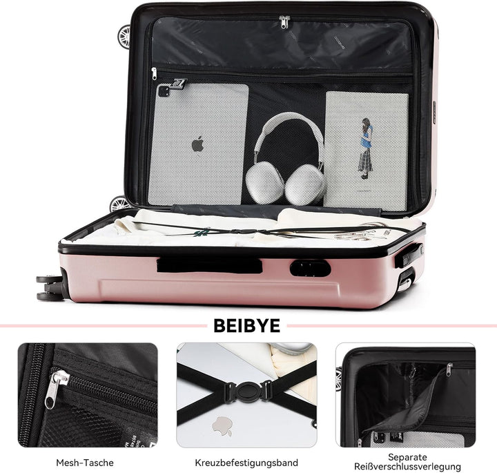 BEIBYE- Hartschalenkoffer Koffer Trolley Rollkoffer Reisekoffer Zahlenschloss 4 Zwilings-Rollen (Ros