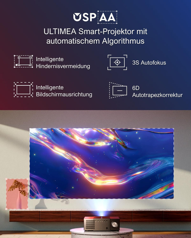 ULTIMEA Beamer 4K Heimkino Unterstützt 900 ANSI-Lumen mit Hindernisvermeidung und 6D Trapezkorrektur
