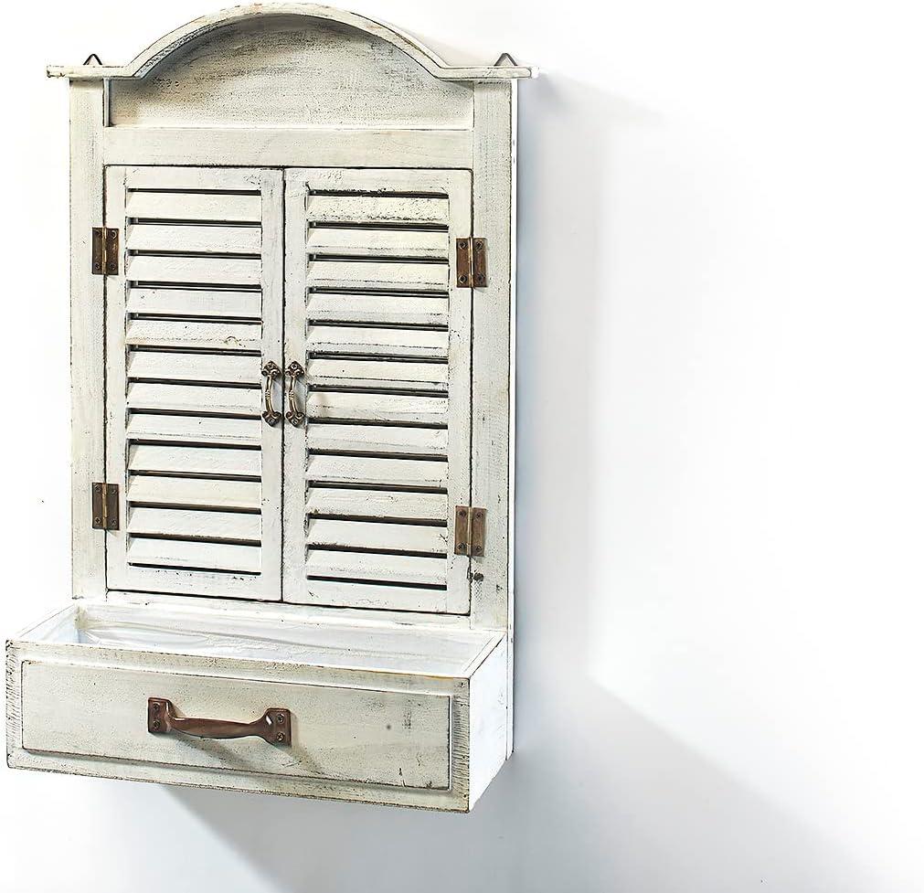Kobolo Dekofenster Fensterrahmen Holz mit Spiegel -Pflanzschale -White Vintage - 55x13x54 cm