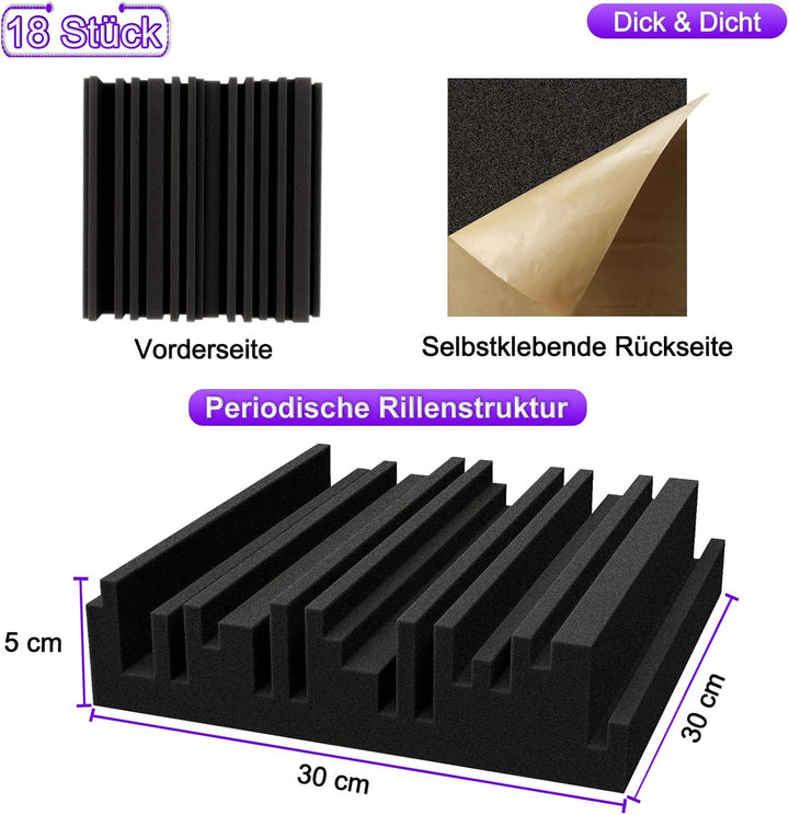BXI Selbstklebende Akustikschaum-Paneele, 30 x 30 x 5 cm 18 Stück Breitband Schallabsorbierender Sch