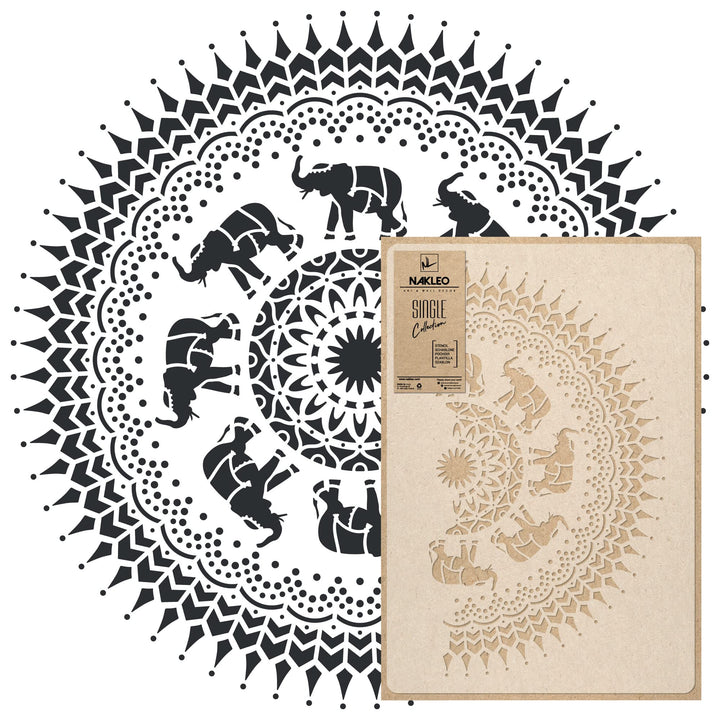 NAKLEO Wiederverwendbare Wand Kunststoff-Schablone – durchmesser 59cm - Elefant Mandala Symbol - Gro
