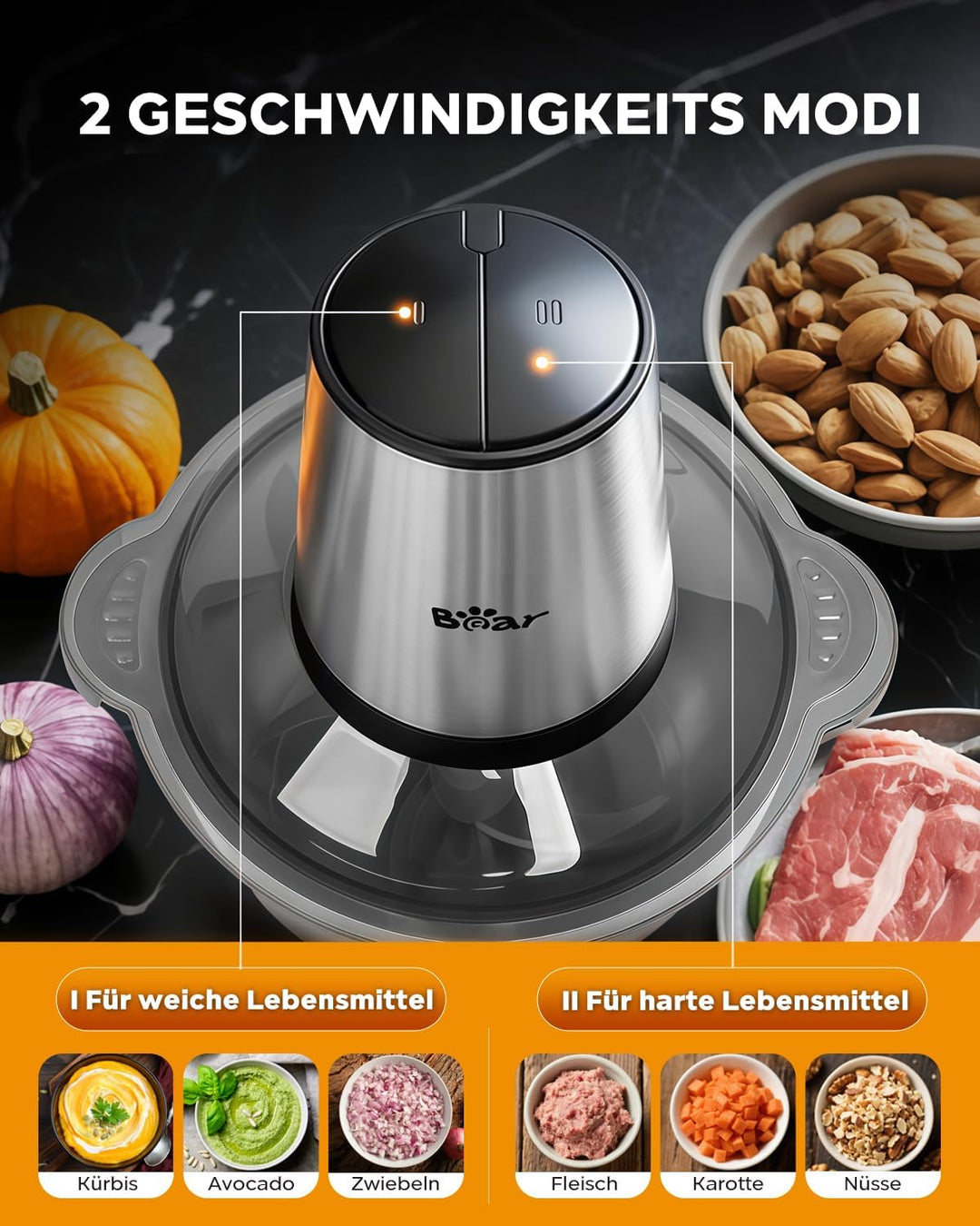 Bear 1.8L+1.8L Zerkleinerer Elektrisch Mini, 500W 2 Geschwindigkeitsstufen, Häcksler mit 4-Edelstahl