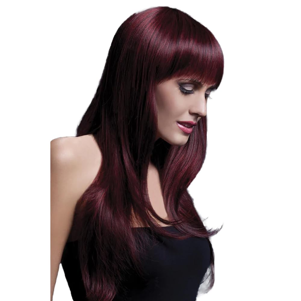 Smiffys Fever Kollektion, Sienna Perücke, Schwarzkirschfarben, Lang gefedert mit Pony, 66cm / 26in H