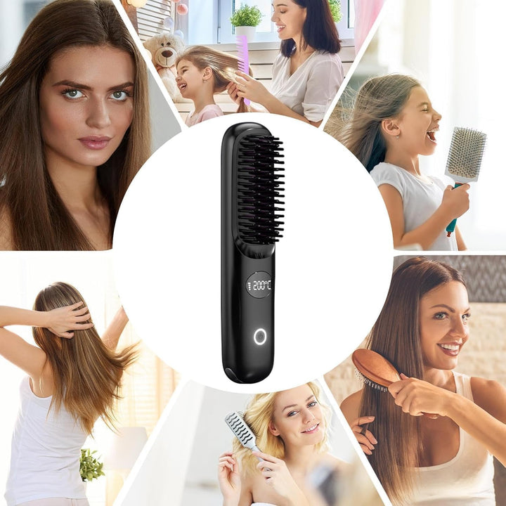 Glättbürste Kabellos, Mini Haarglätter Bürste Negative Ionen Anti-Verbrühung mit 3 Temperaturen, Tra