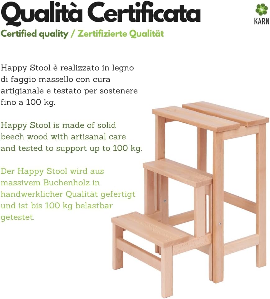 Karn Klapphocker Happy Lines aus Buchenholz – Leiter mit rutschfesten Stufen und Sicherheitsblock –