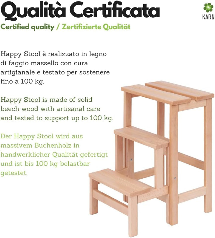 Karn Klapphocker Happy Lines aus Buchenholz – Leiter mit rutschfesten Stufen und Sicherheitsblock –