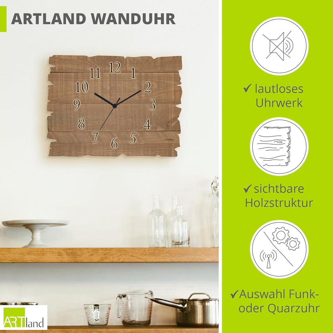 ARTLAND Wanduhr ohne Tickgeräusche aus Holz Funk Uhr lautlos 40x30 cm Rechteckig Muster Rustikal Lan