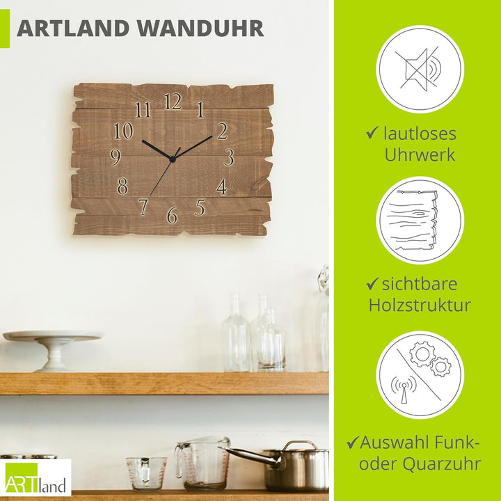 ARTLAND Wanduhr ohne Tickgeräusche aus Holz Funk Uhr lautlos 40x30 cm Rechteckig Muster Rustikal Lan