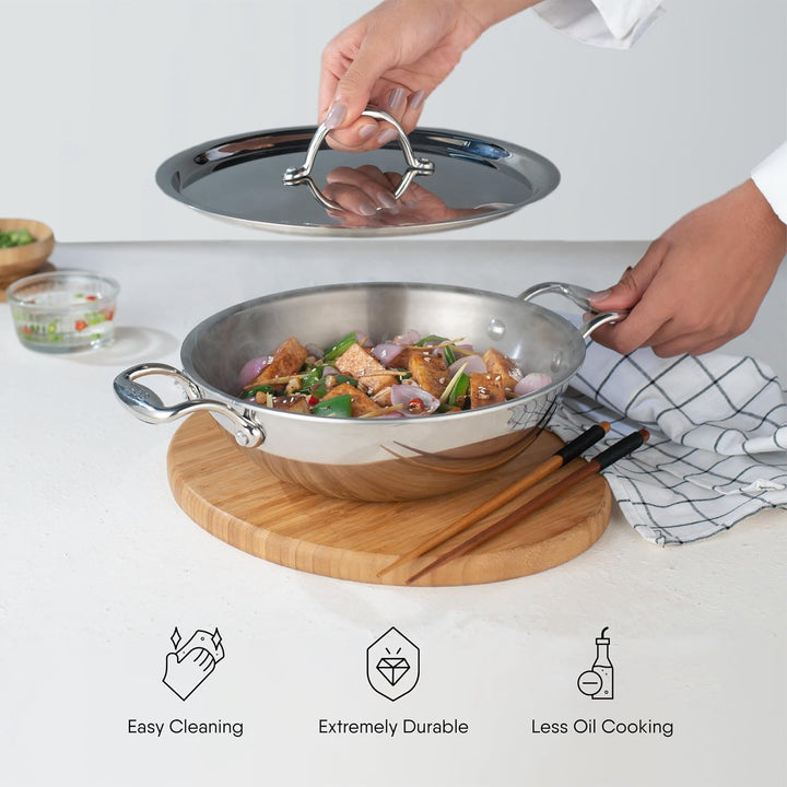 Stahl Edelstahl Triply Wok mit Deckel | Edelstahl-Kochgeschirr Triply Wok | Gas- & Induktionsboden |