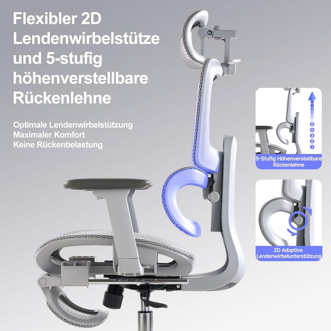 Ergonomischer Bürostuhl mit Fussstütze &amp; Nackenkissen, 5-Fach Höhenverstellbare Rückenlehne, 2D Lord