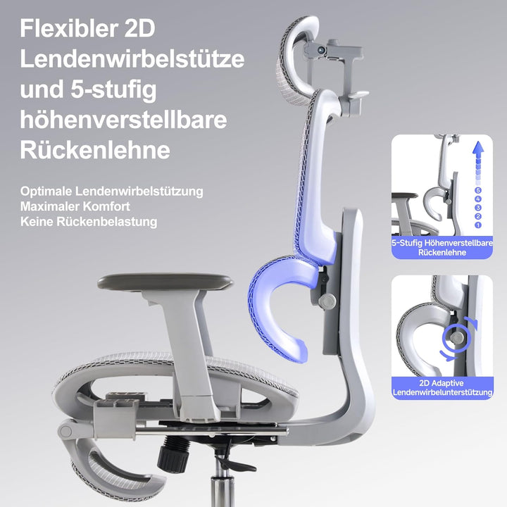 Ergonomischer Bürostuhl mit Fussstütze &amp; Nackenkissen, 5-Fach Höhenverstellbare Rückenlehne, 2D Lord