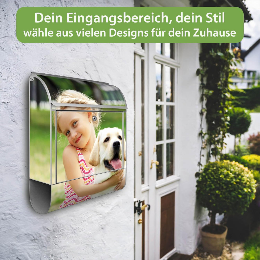 banjado® Design Briefkasten mit eigenem Motiv 39x47x14cm & 2 Schlüssel - Briefkasten Stahl Silber mi