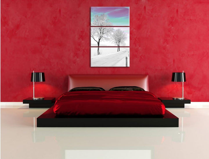 Pixxprint verschneiter Baum in Winterlandschaft als Leinwandbild/Grösse: 3 Teilig (120x80) cm/Wandbi