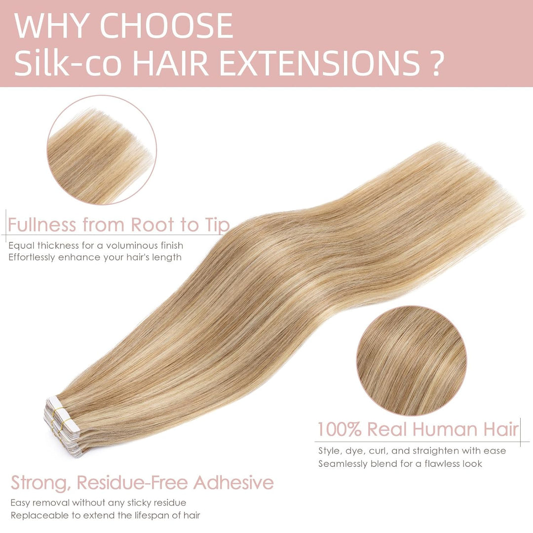 Silk-co Tape Extensions Echthaar 20stk, Haarverlängerung Tape in Extensions Echthaar, Remy Haarexten