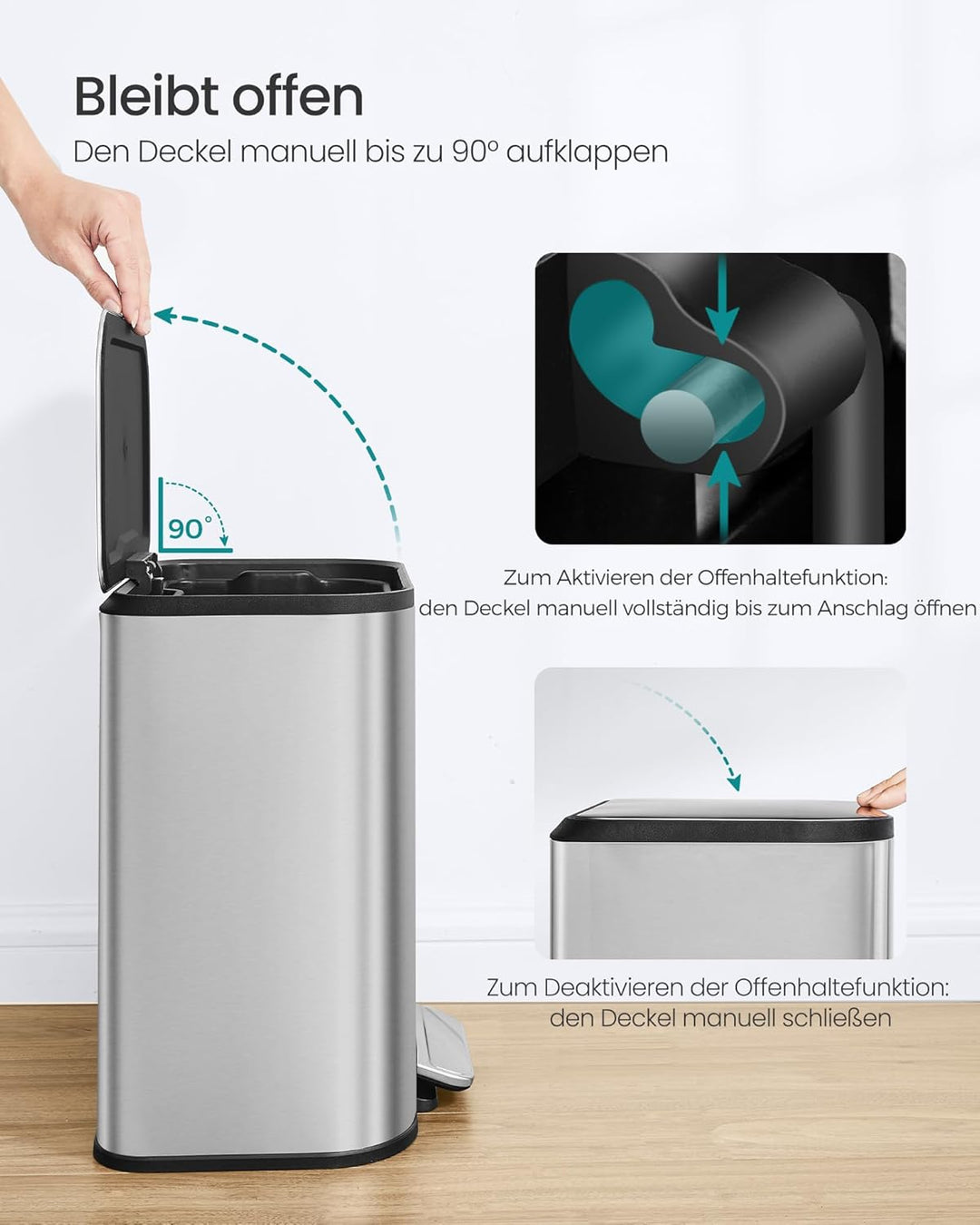 SONGMICS Mülleimer Küche, 20 Liter Abfalleimer mit Deckel, Tretmülleimer, Stahl, Softclose, Offenhal
