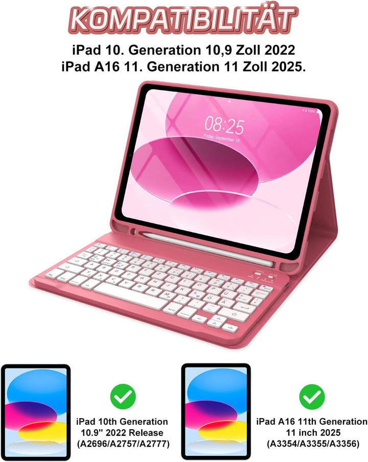 Tastatur Hülle für iPad 10 gen/A16 11 Gen - Soft TPU Rückseite Gehäuse Schutzhülle mit Pencil Halter