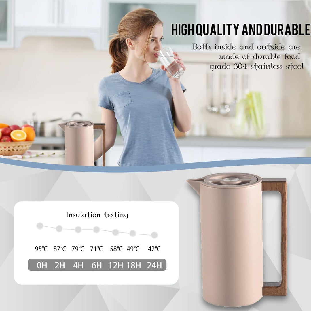 Thermoskanne Kaffeekannen Edelstahl Vakuum Isolations, Mit Holzgriff Und Einfachem Sicherheitsdruckk