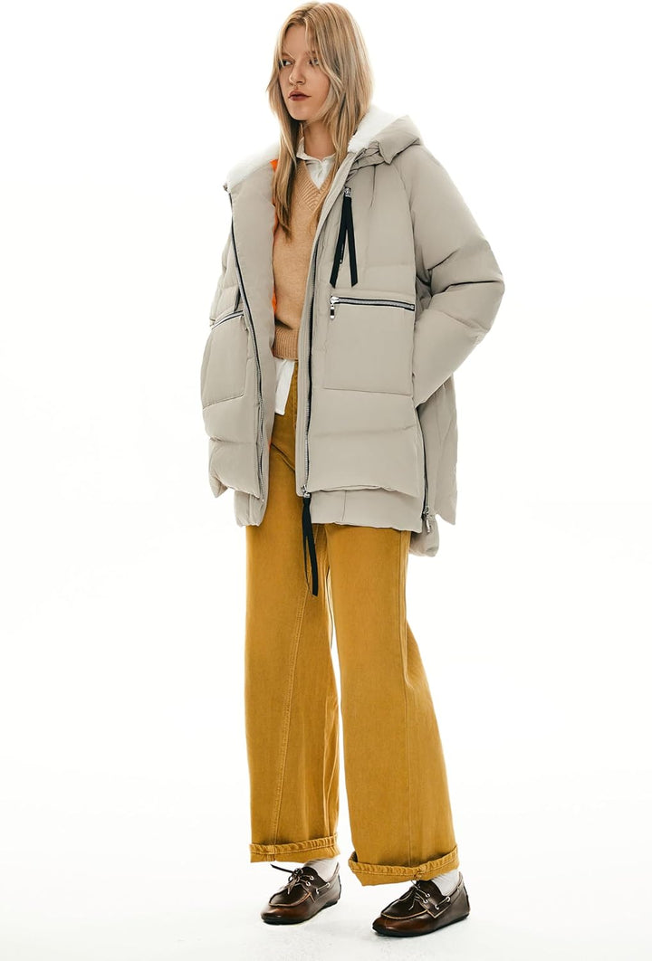 Orolay Winterjacke Damen Verdickte Warme Outdoor Daunenjacke für Damen mit Kapuze, S Beige