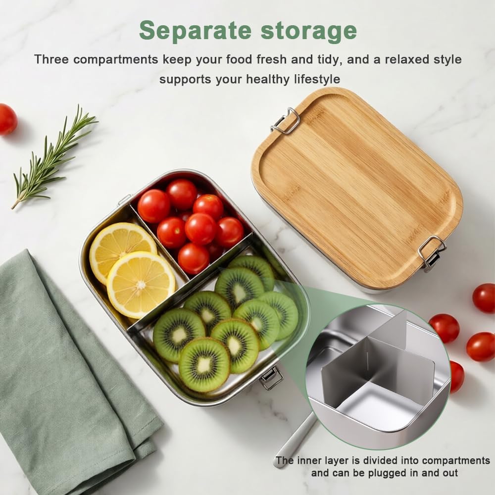 2 Stück Bento Lunchbox für Erwachsene Kinder, 850ML Edelstahl Brotdose mit Holzdeckel&Fächern, BPA-f