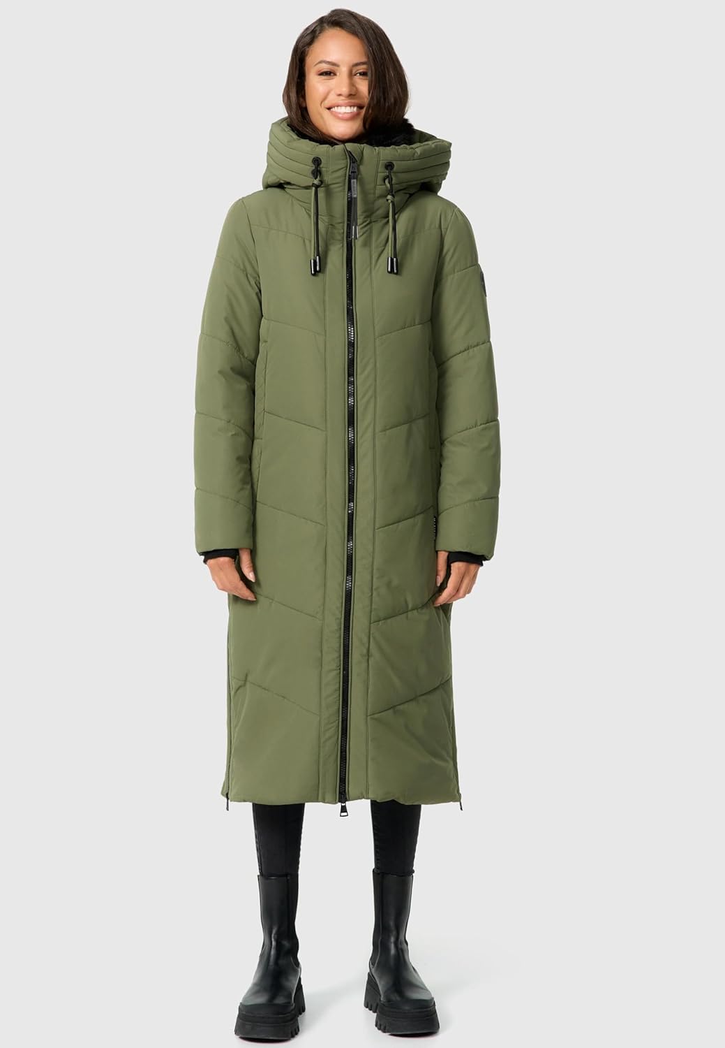 MARIKOO Damen Wintermantel warmer Steppmantel lang mit verstellbarer Kapuze und hohem Kragen Nadaree
