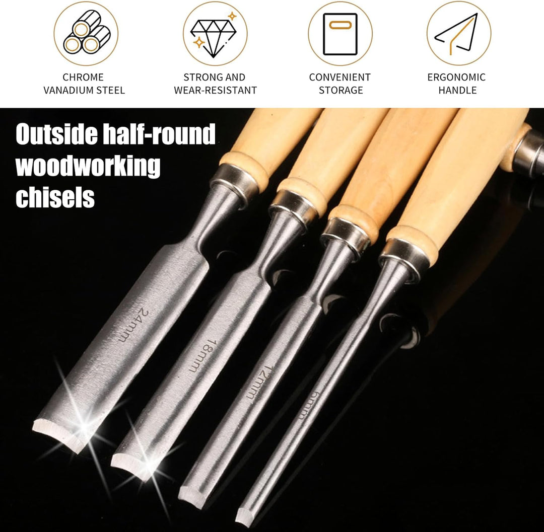 4 Stück Holz Meissel Set,Stechbeitel Rund Gebogen Hohlbeitel Set,CR-V Stahl halbkreisförmige Kante 8