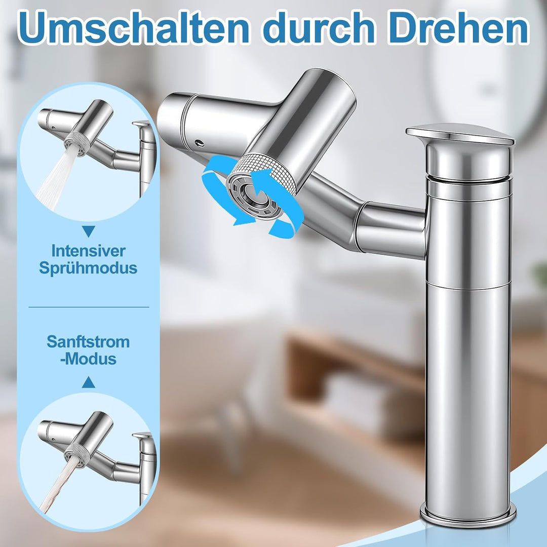 Badezimmer Wasserhahn, 1080° Drehbare Waschtischarmatur Höhenverstellbare Badezimmerarmatur Waschbec