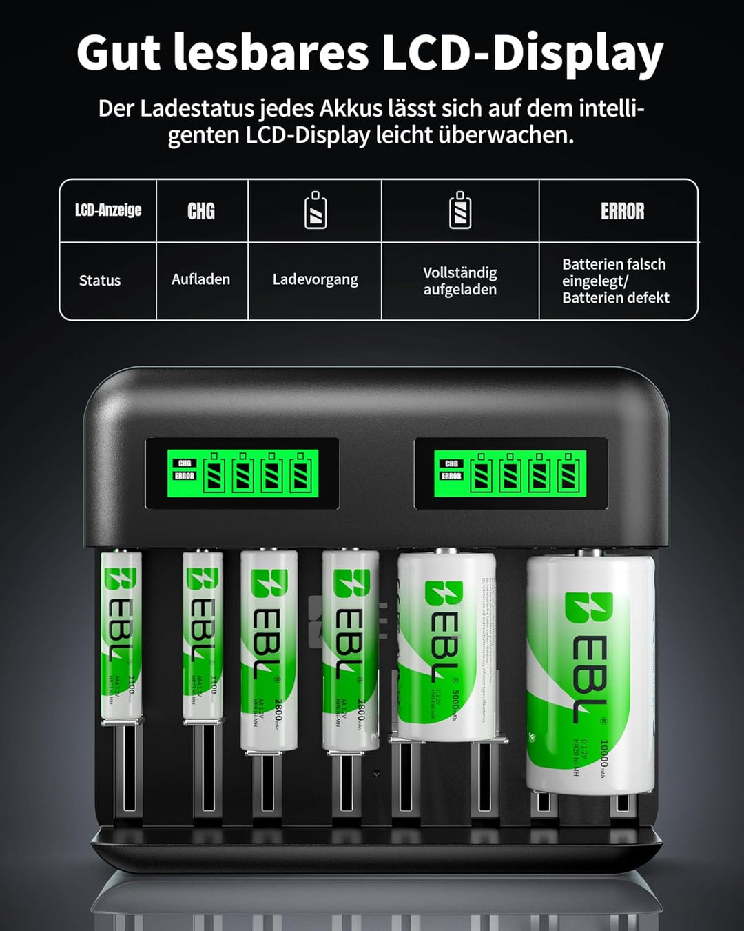EBL Akku Ladegerät inkl. 4*AA 2800mAh und 4*AAA 1100mAh Schnell Batterie ladegerät-für AA AAA C D NI