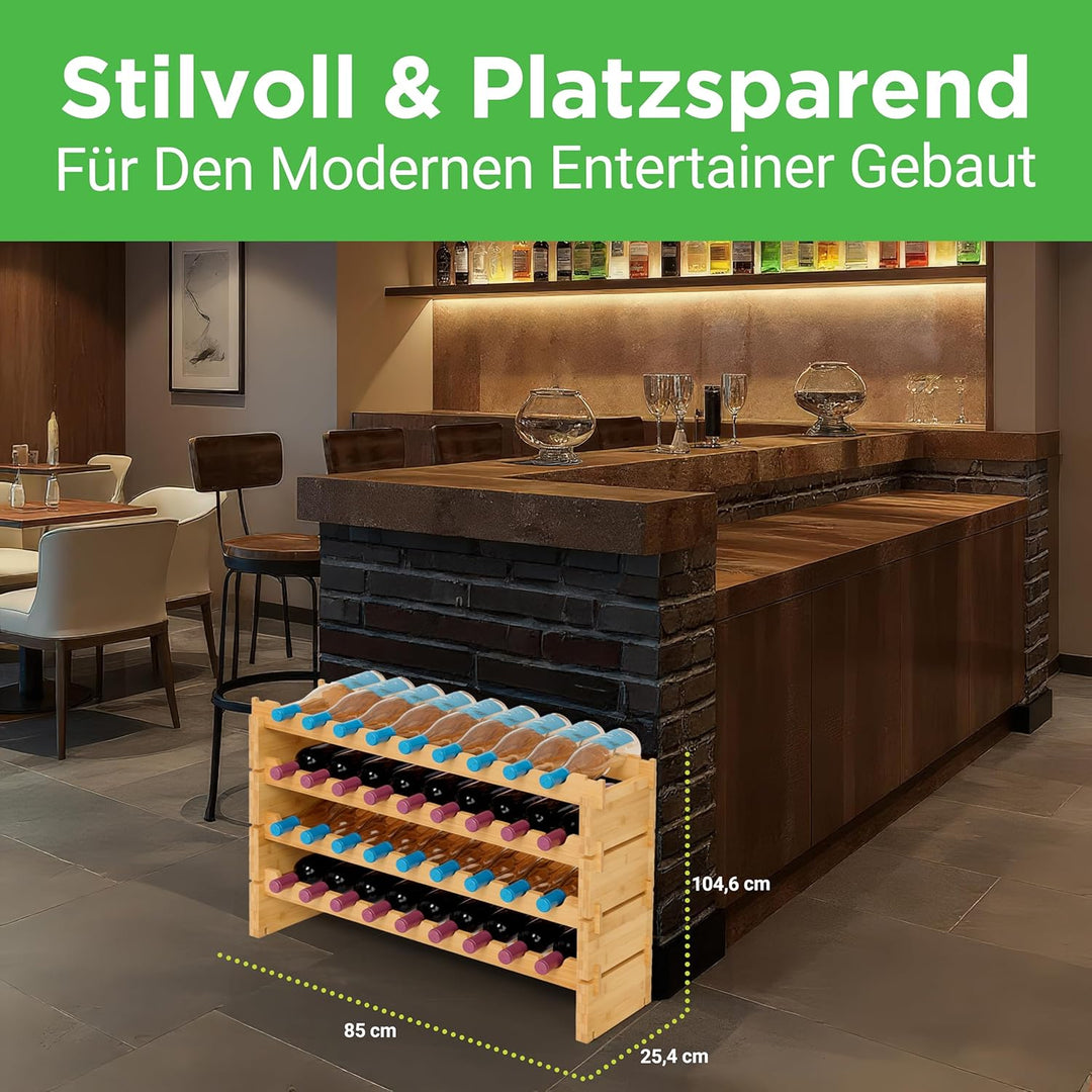 NutriChef Regal Schmal Weinregal aus Bambus Holz – 36 Flaschen, 4 Etagen – Stapelbares Flaschenregal