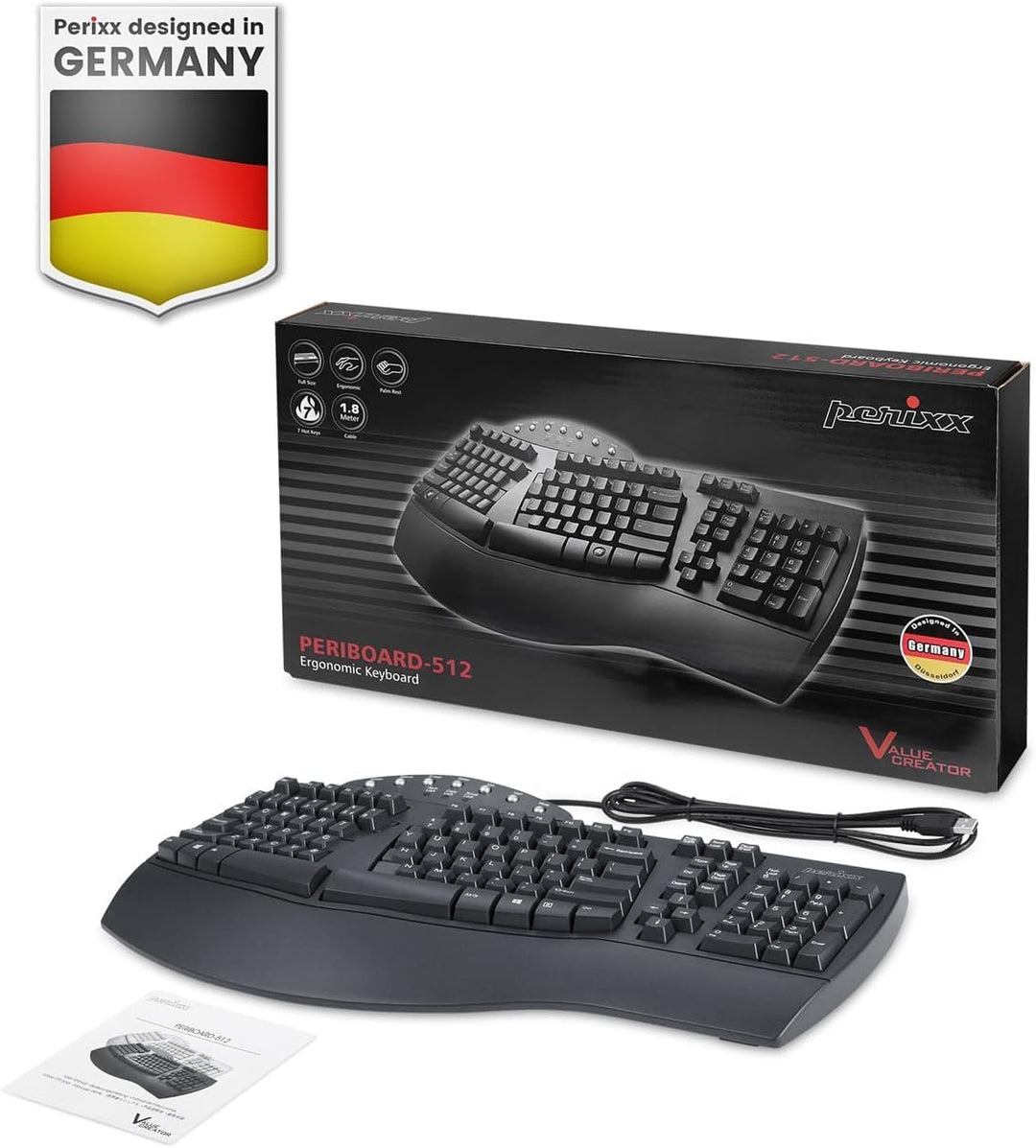 Perixx PERIBOARD 512 Ergonomische Tastatur USB QWERTY US English Layout, Schwarz Kabelgebunden, Kabe