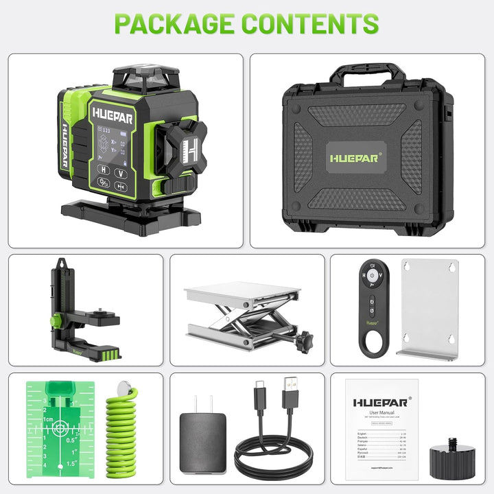 Huepar 2024 New Edition W04CG 4D Laser-Wasserwaage, LCD-Display Laser-Wasserwaage mit drehbarer Moto