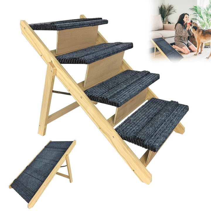 2-in1 Hunderampe Klappbar Hundetreppe Haustiertreppe Tiertreppe Holz mit Rutschfester Trittmatte Pet
