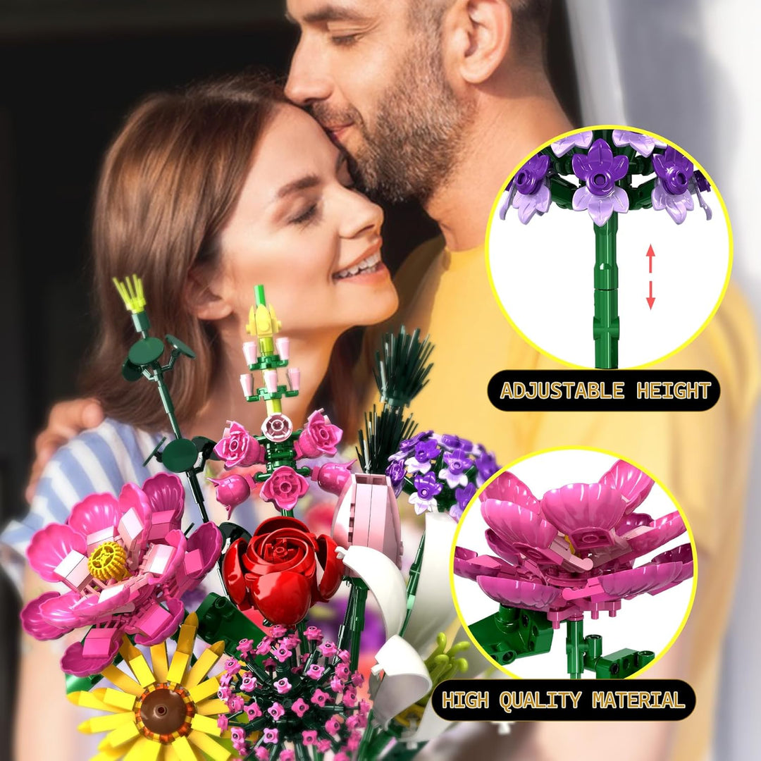 Flower Clusters Blumenstrauss-Bausatz-Set, 721 Teile Ewiger Strauss mit Pfingstrose, Rose, Sonnenblu