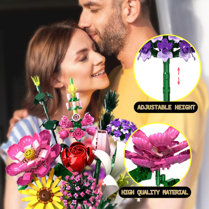 Flower Clusters Blumenstrauss-Bausatz-Set, 721 Teile Ewiger Strauss mit Pfingstrose, Rose, Sonnenblu