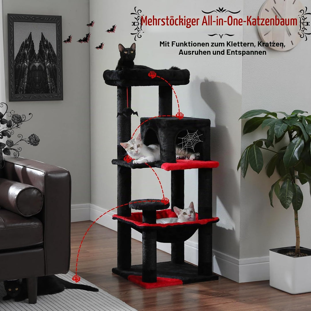 PAWZ Road Katzenbaum 116cm Gothic Halloween Edition, Schwarzer Kratzbaum mit Metall-Plüsch-Hängematt