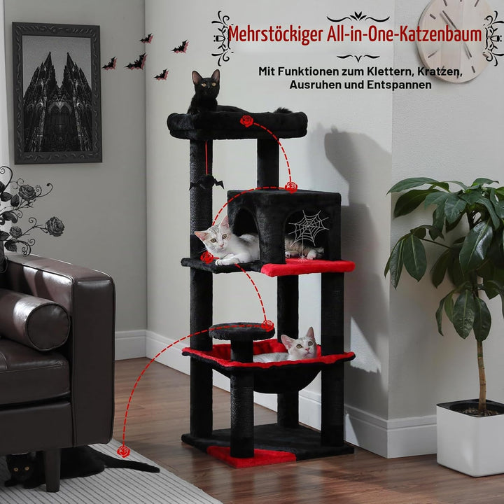 PAWZ Road Katzenbaum 116cm Gothic Halloween Edition, Schwarzer Kratzbaum mit Metall-Plüsch-Hängematt